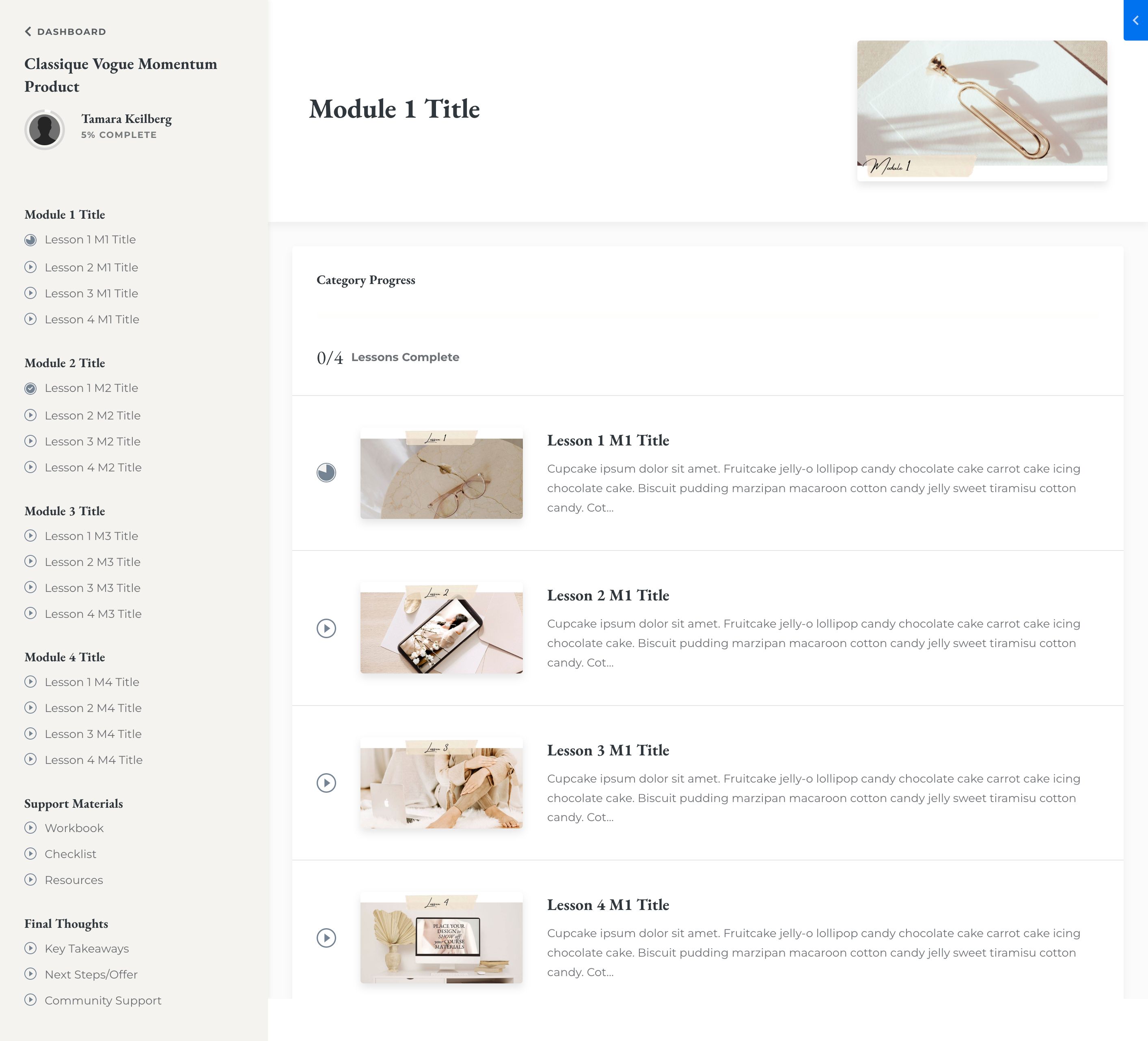 Stylique Design Theme Classique Vogue Bonus Kajabi Product Course Theme Momentum Lessons in Module View