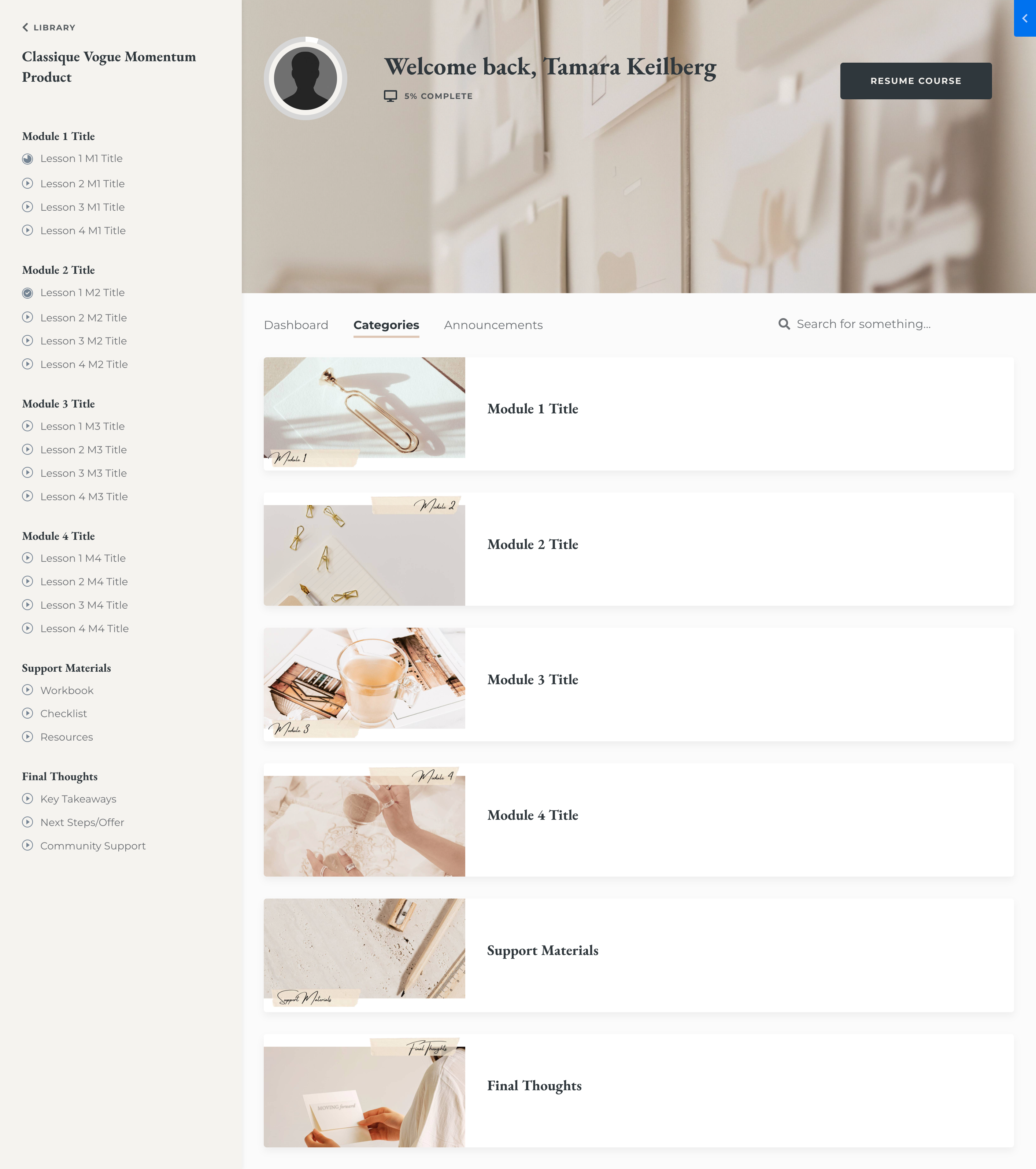 Stylique Design Theme Classique Vogue Bonus Kajabi Product Course Theme Momentum Module Category View
